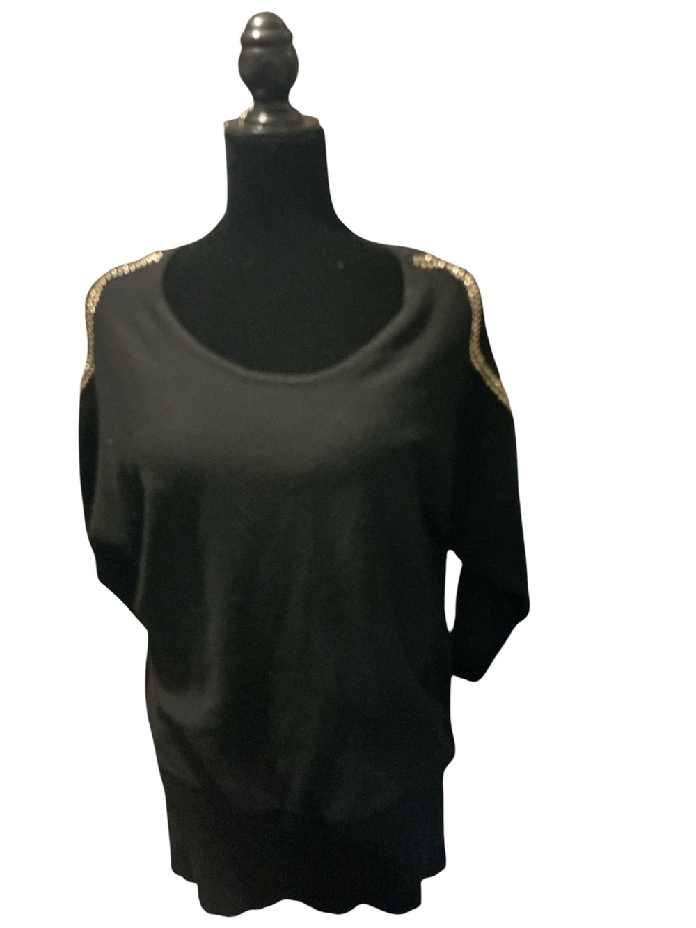 Questions Black Women's Cold-Shoulder Sweater with Metallic Trim